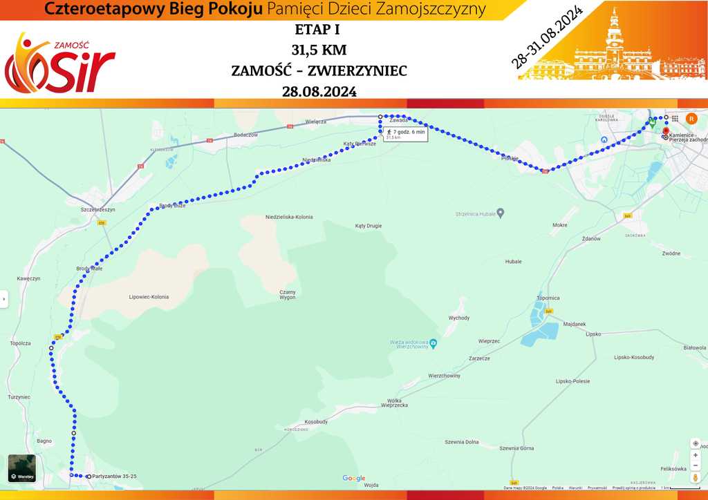 mapa z zaznaczoną trasą biegu