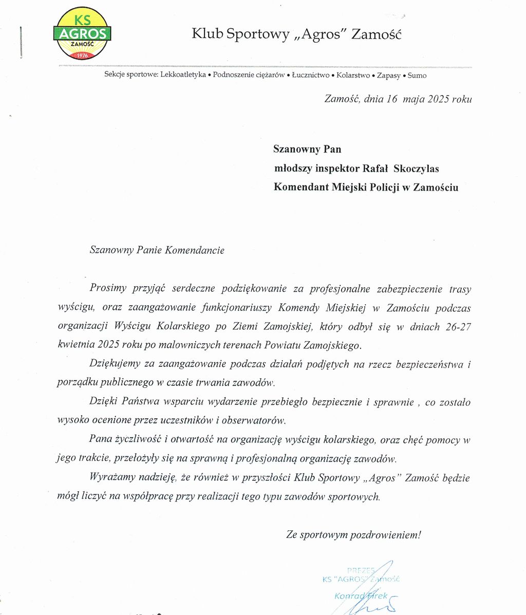 tekst podziękowań dla policjantów za zabezpieczenie wyścigu 