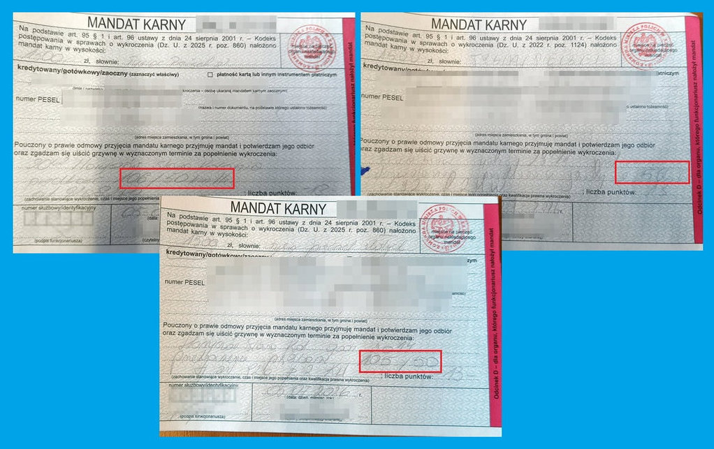 kolaż wypełnionych blankietów mandatów karnych