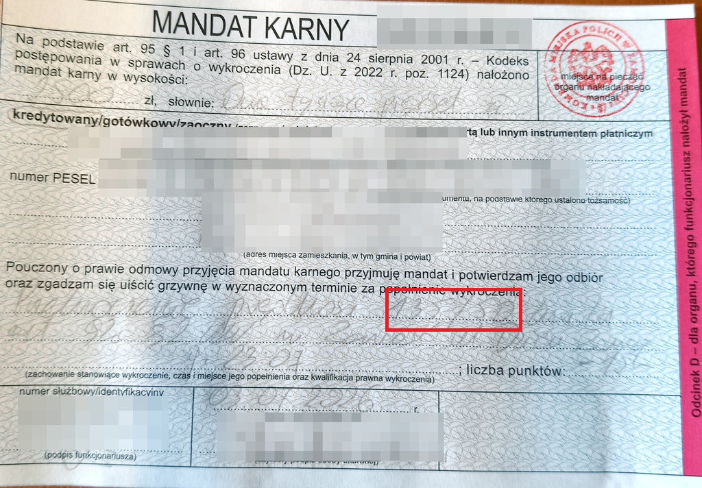 wypełniony blankiet mandatu karnego