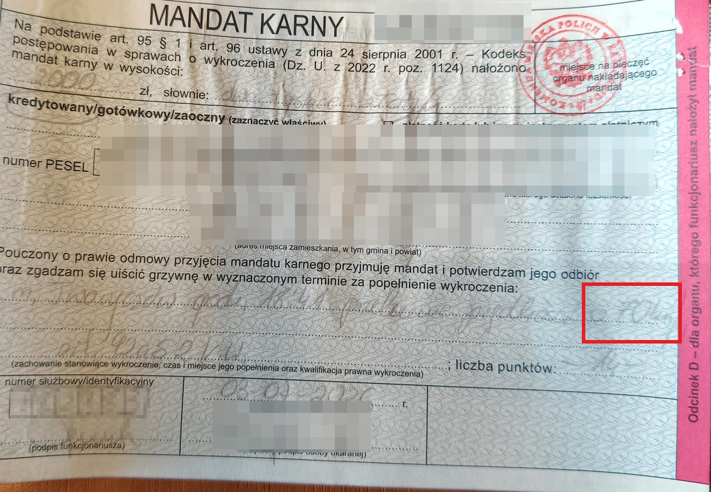 wypełniony blankiet mandatu karnego