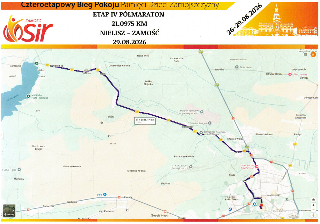 mapa z zaznaczoną trasą biegu