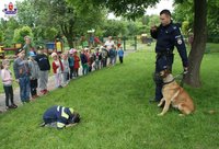 fot. chłopiec prezentujący &quot;pozycję żółwia&quot; oraz policjant z psem służbowym