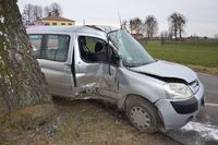 uszkodzony pojazd marki peugeot, uderzyła w drzewo