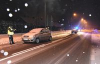 stojący na poboczu drogi fiat punto, obok niego policjant, w tle inny samochód osobowy