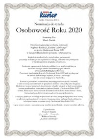 list Kuriera Lubelskiego - nominacja do tytułu Osobowość Roku 2020