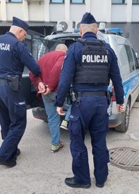 podejrzany w asyście dwóch policjantów wsiada do radiowozu