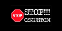 czerwony znak z napisem STOP, obok z prawej strony napis STOP OSZUSTOM na czarnym tle