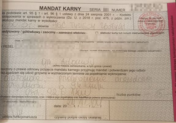 wypełniony blankiet mandatu karnego