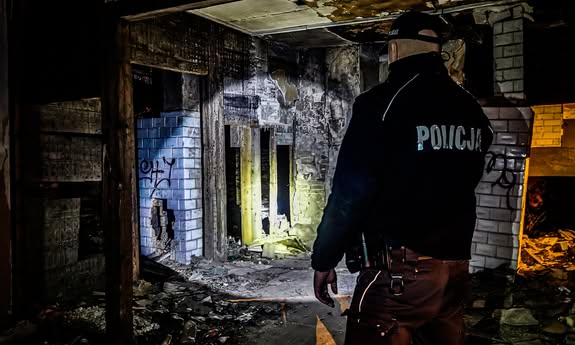 policjant sprawdzający pustostan