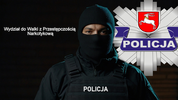 Animacja przedstawiająca policjanta operacyjnego w kominiarce. W tle logo Lubelskiej Policji oraz napis Wydział do Walki z Przestępczością Narkotykową.