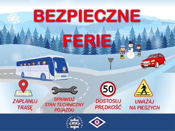 grafika akcji bezpieczne ferie, krajobraz zimowy, pojazdy, dzieci i logo Policji