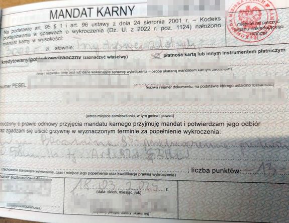 wypełniony blankiet mandatu karnego kredytowanego