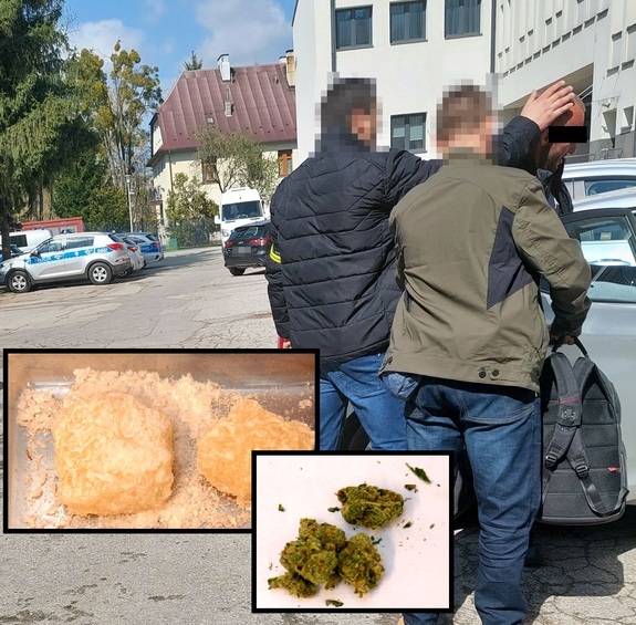 kolaż zdjęć policjanci w cywilnych ubraniach prowadzą zatrzymanego oraz dwa zdjęcia zabezpieczonych narkotyków mefedron i marihuana