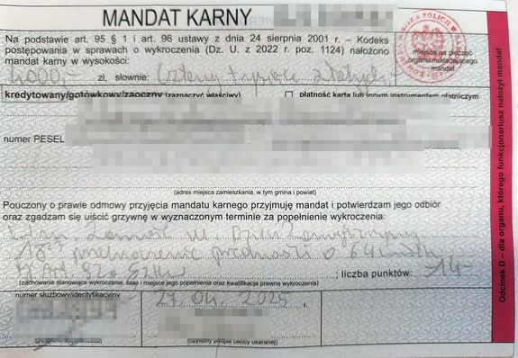 wypełniony blankiet mandatu karnego