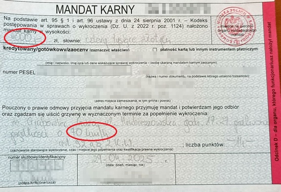 wypełniony blankiet mandatu karnego
