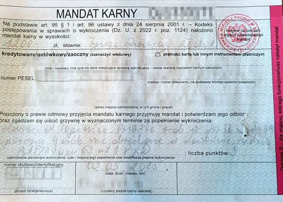 wypełniony blankiet mandatu karnego