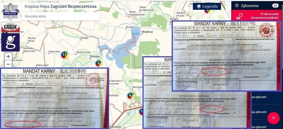 kolaż zdjęć, trzy blankiety mandatów karnych na tle mapy z Krajowej Mapy Zagrożeń Bezpieczeństwa