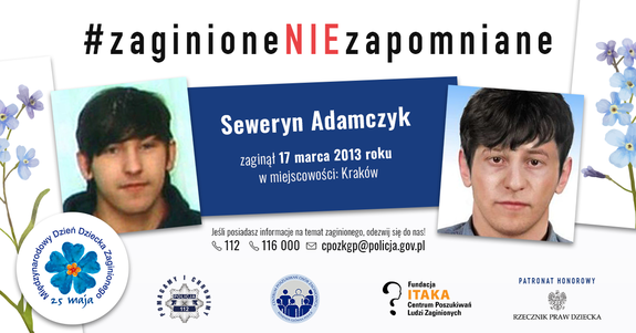 Grafika z wizerunkiem Seweryna w wieku dziecięcym oraz jego wizerunek po wykonaniu progresji wieku.