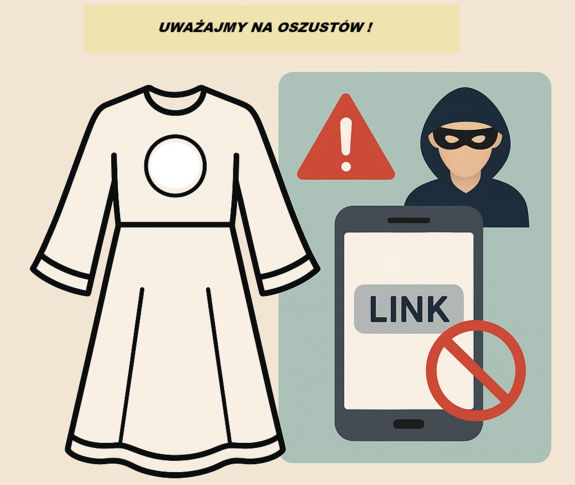 GRAFIKA, RYSUNEK KOMUNIJNEJ ALBY, I NAPIS UWAŻAJMY NA OSZUSTWA