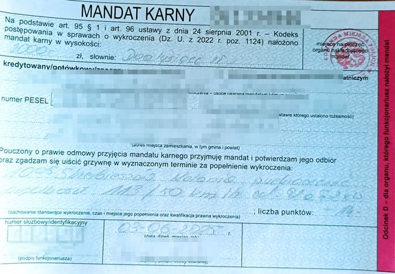 wypełniony blankiet mandatu karnego