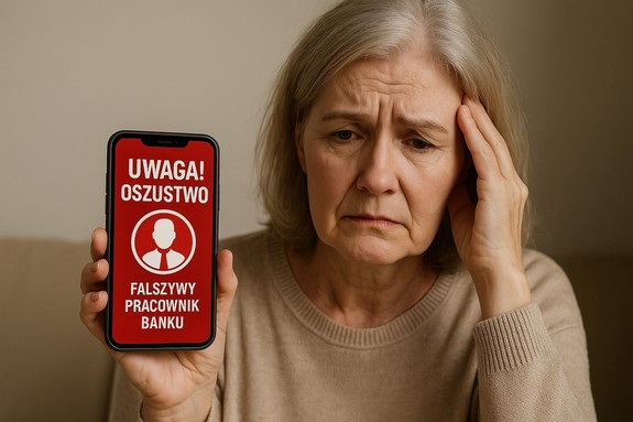 grafika starsza kobieta trzyma w dłoni telefon na którym jest napis uwaga oszustwo fałszywy pracownik banku