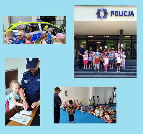 kolaż zdjęć z wizyty dzieci na komendzie