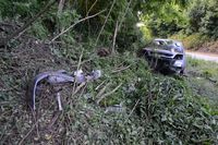 osobowy opel w rowie i zaroślach
