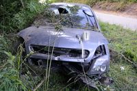 opel w zaroślach rosnących w przydrożnym rowie