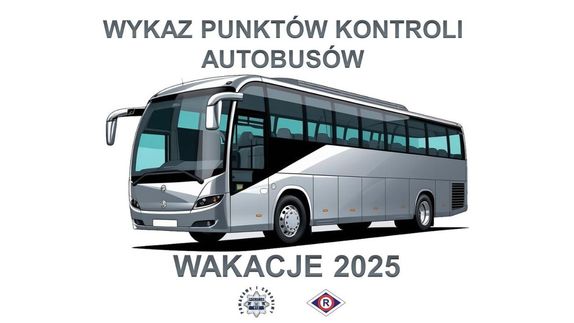 grafika autokar i napis wykaz punktów kontroli autokarów wakacje 2025