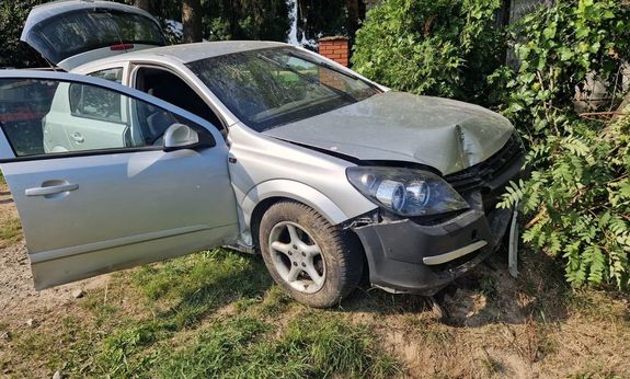 osobowy Opel, którego kierujący wjechał w ogrodzenie i krzewy