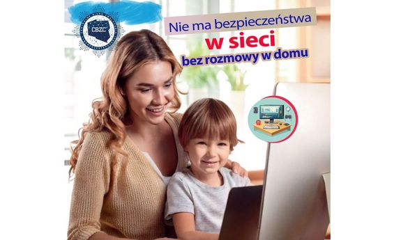kobieta z dzieckiem na kolanach siedzi przed komputerem. Napis nie ma bezpieczeństwa w sieci bez rozmowy w domu