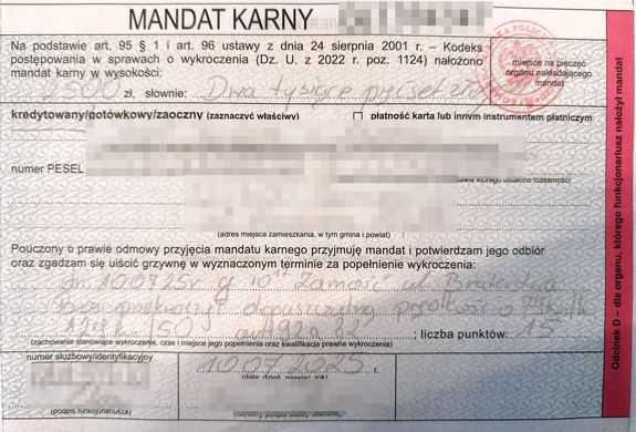 wypełniony blankiet mandatu