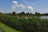 grobla przy zalewie w oddali dwa pojazdy i funkcjonariusze oraz policyjny parawan