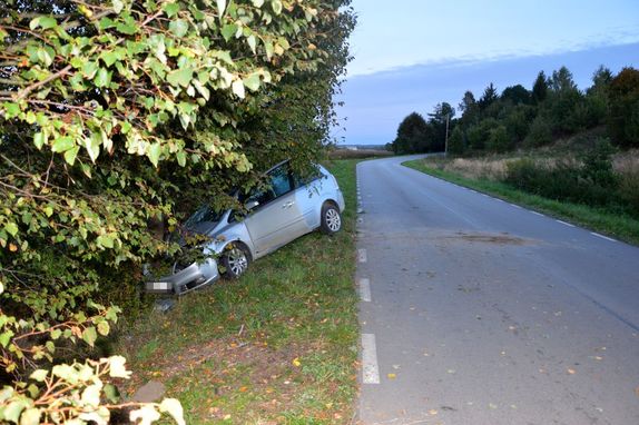 osobowy Ople, którego kierujący wjechał do rowu i uderzył w drzewo