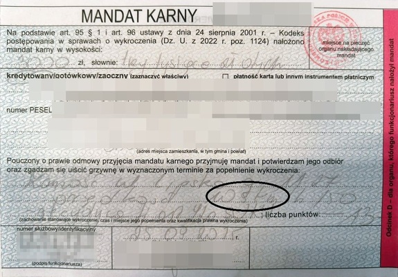 wypełniony blankiet mandatu karnego