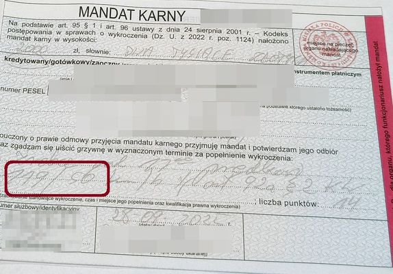 wypełniony blankiet mandatu karnego