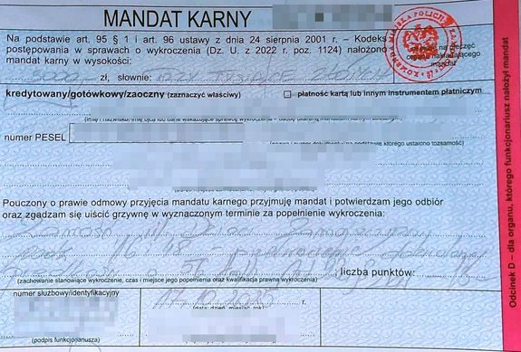 wypełniony blankiet mandatu karnego
