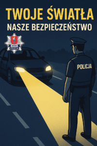 grafika policjant przed samochodem napis Twoje światła nasze bezpieczeństwo