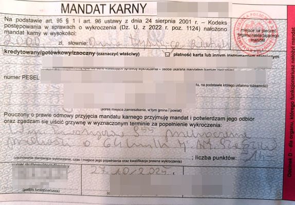 wypełniony blankiet mandatu karnego
