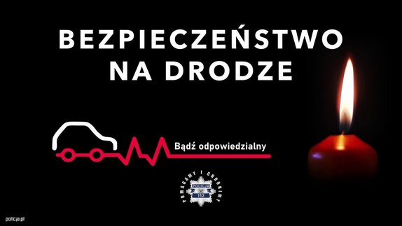 grafika, rysunek samochodu osobowego i świeczka oraz napis bezpieczeństwo na drodze bądź odpowiedzialny
