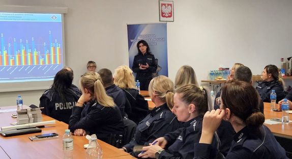 policjanci podczas odprawy dla osób nadzorujących i koordynujących działania Policji w obszarze przeciwdziałania przemocy