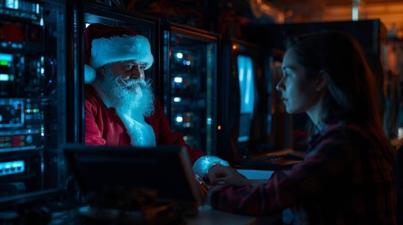 grafika kobieta siedzi a wokół niej są monitory komputerów z jednego z nich wystaje mężczyzna przebrany za Mikołaja