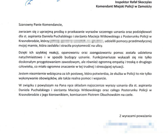 tekst listu podziękowań dla policjantów