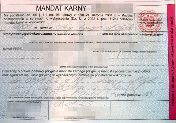 wypełniony blankiet mandatu karnego