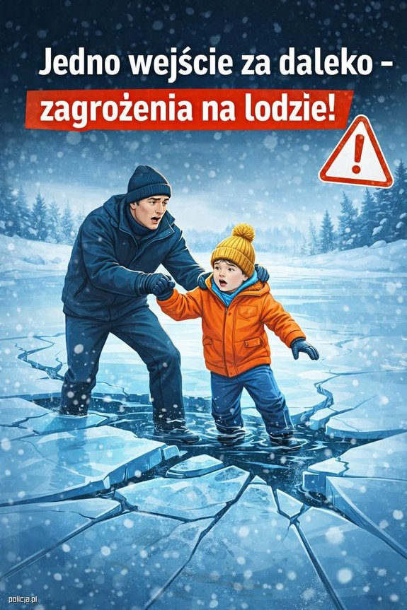 PLAKAT DORYCZĄCY OSTROŻNEGO WCHODZENIA NA ZAMARZNIĘTE ZBIORNIKI WODNE