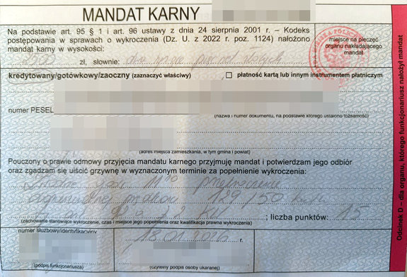 wypełniony blankiet mandatu karnego