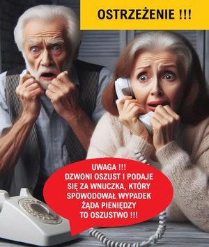 grafika wygenerowana przez AI, starsza kobieta rozmawiająca przez telefon oraz mężczyzna