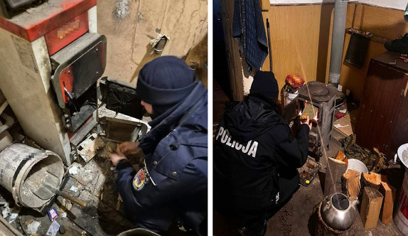 kolaż zdjęć jak dzielnicowi rozpalają w piecu