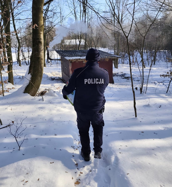 policjant idzie po śniegu wokół drzewa a przed nim mały drewniany domek
